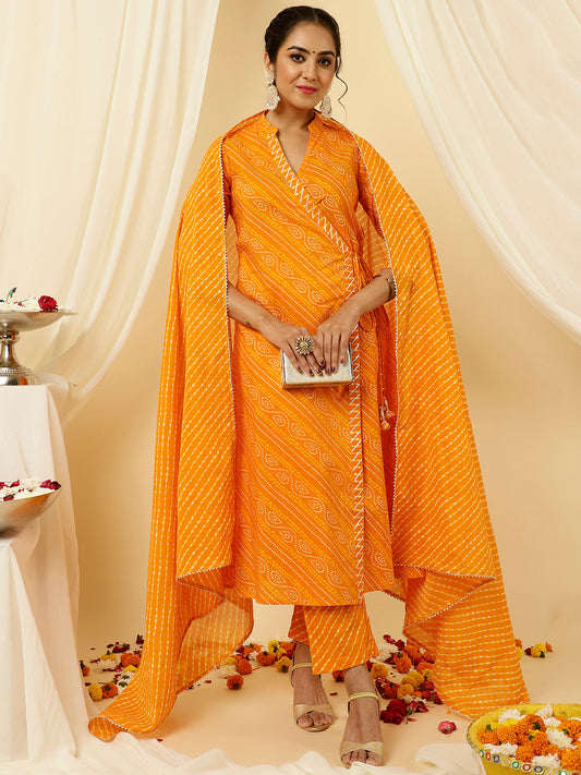 Orange Bandhani Angrakha Kurta With Leheriya Pants And Dupatta