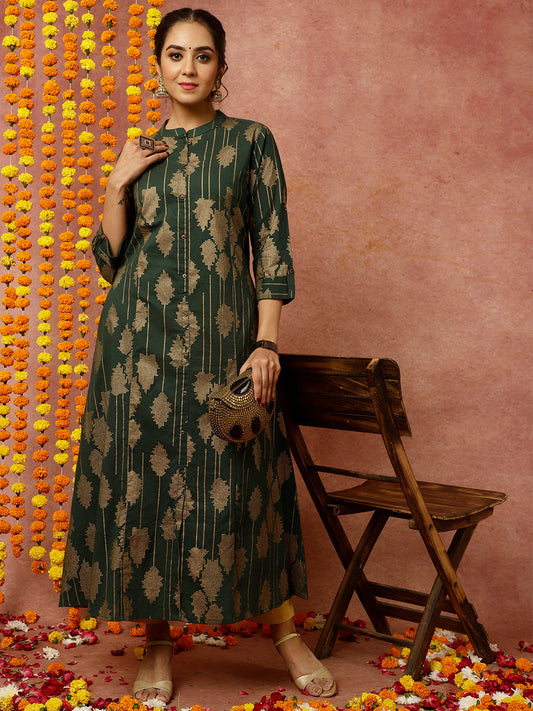 Dark Green Abstract Print A-line Kurta