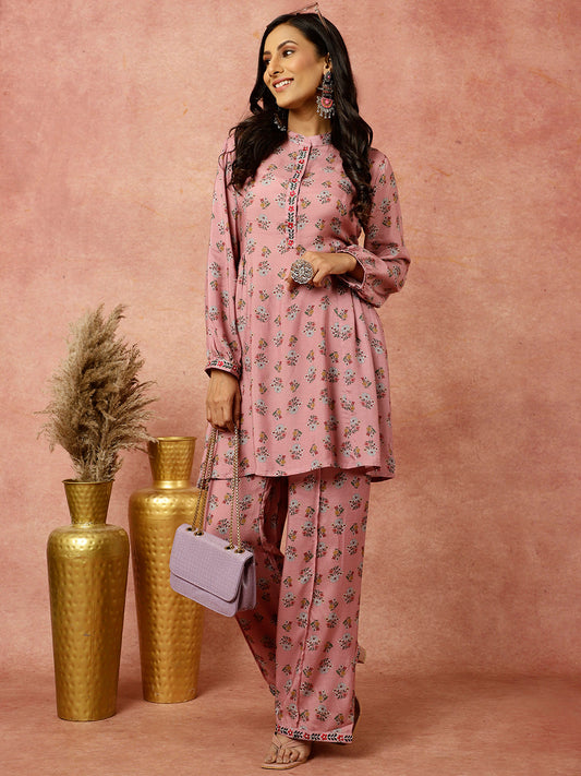 Rose Ethnic Printed Gathered Kurta With Palazzo Co-ord Set