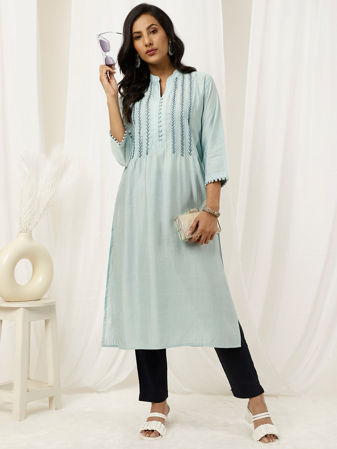 Embroidered Light Blue Pintuck Straight Kurta