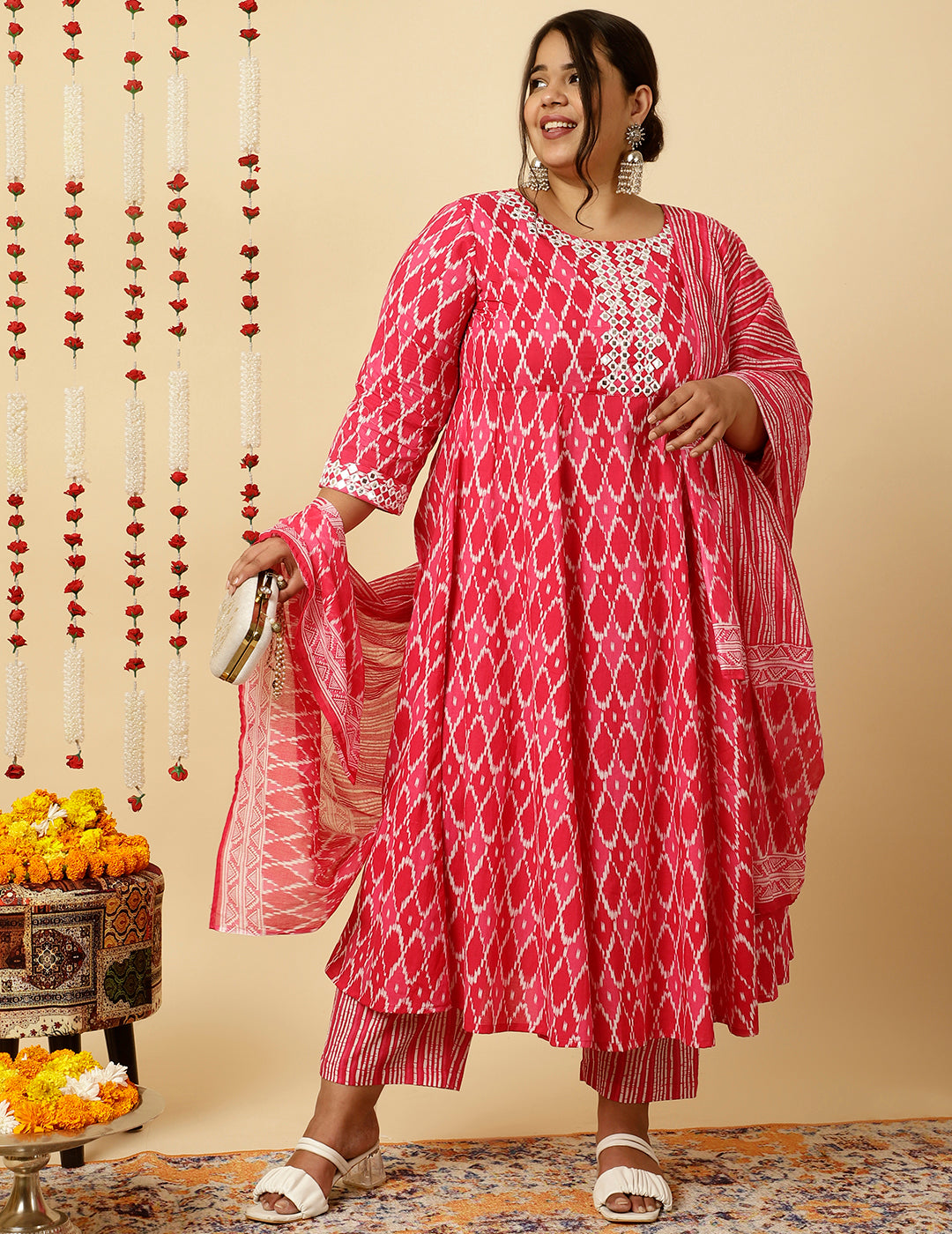 Plus Size Pink Mirror Embellished Ikat Printed Anarkali Kurta With Pants And Dupatta