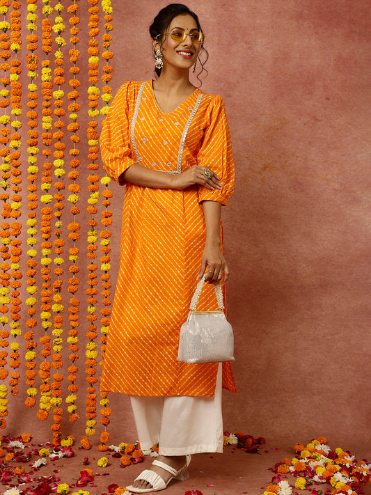 Zardozi Embroidered Orange Mothra Printed Straight Kurta