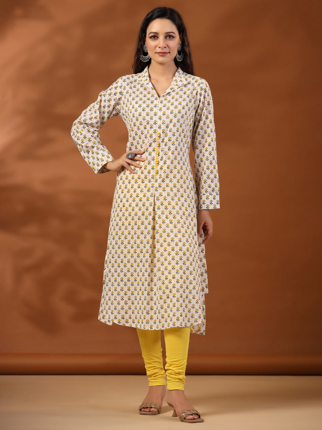 Yellow Ethnic Printed Cotton Lurex Kurta