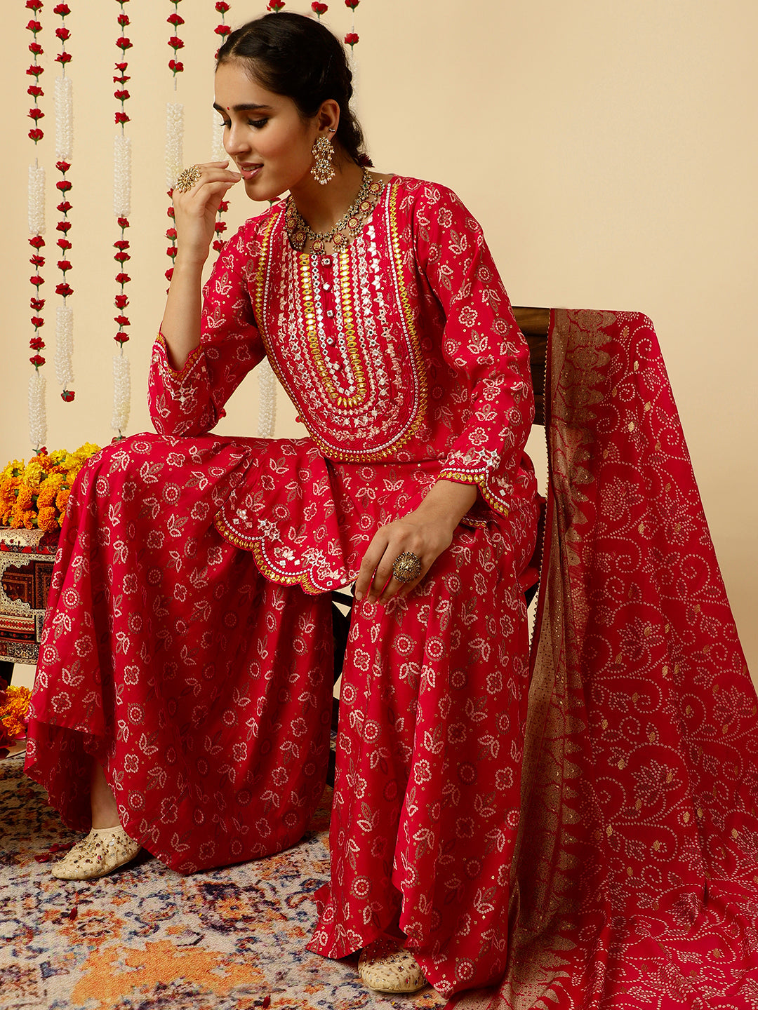 Mirror Work Kurta With Sharara And Dupatta