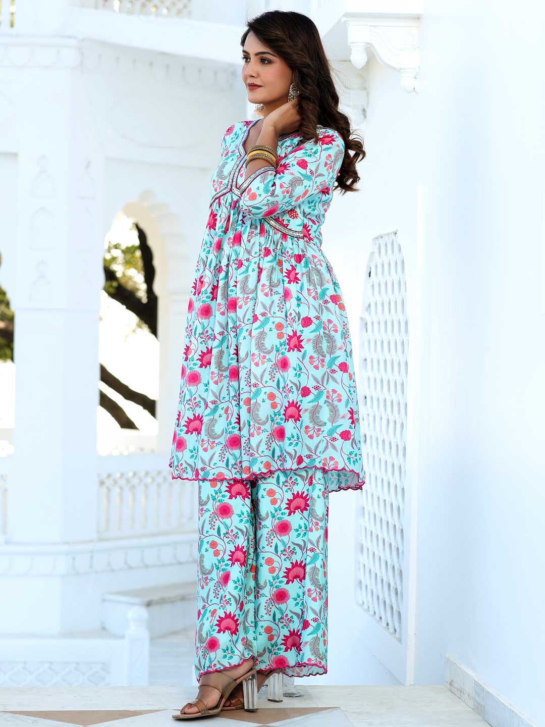 Zardozi Embroidered Silk Floral Printed Flared Kurta With Palazzo