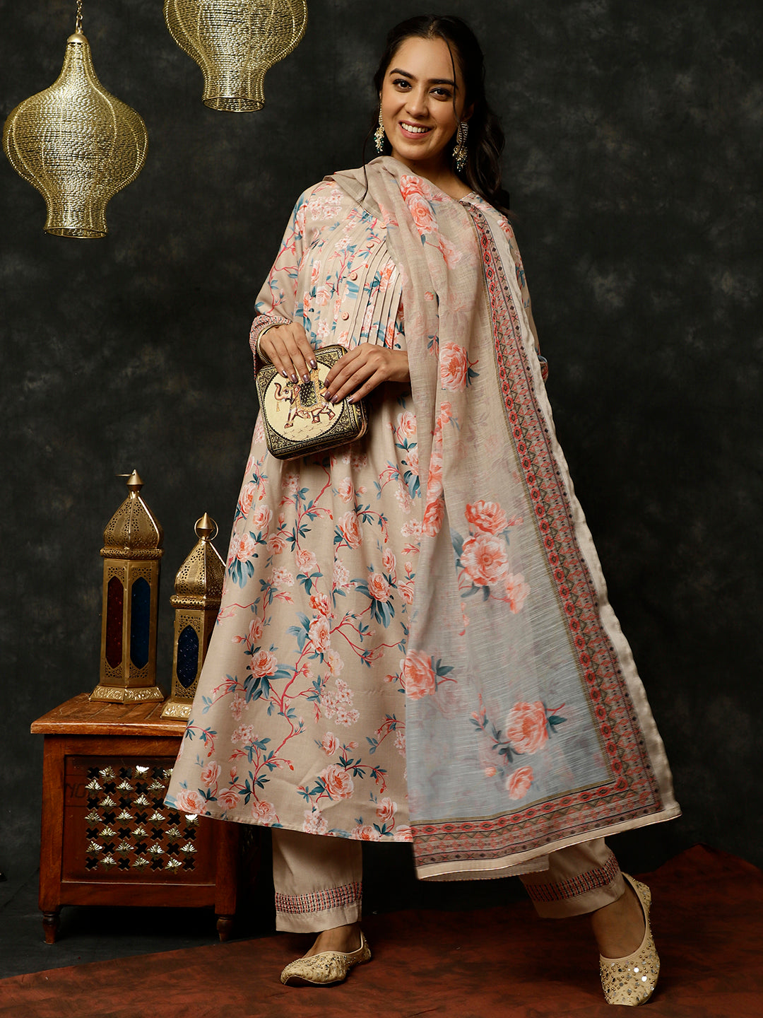 Rose Print Pleated Kurta With Pants And Dupatta