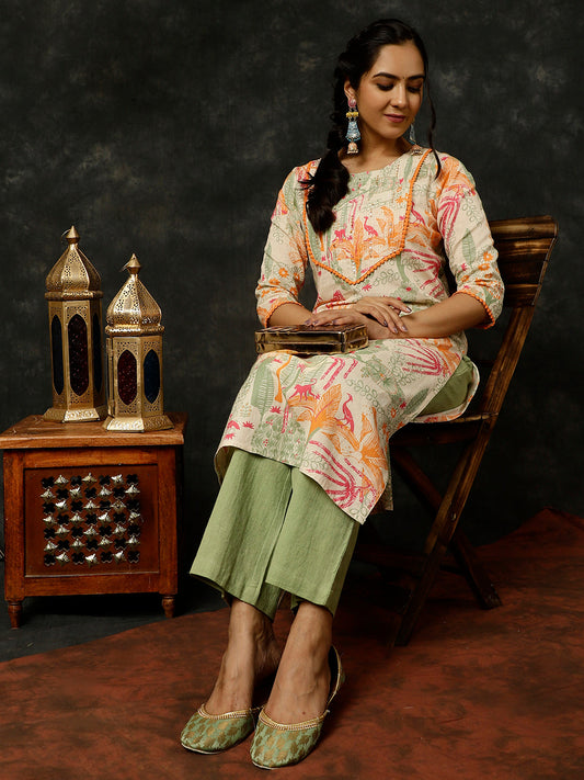 Green Printed Straight Kurta with Palazzo