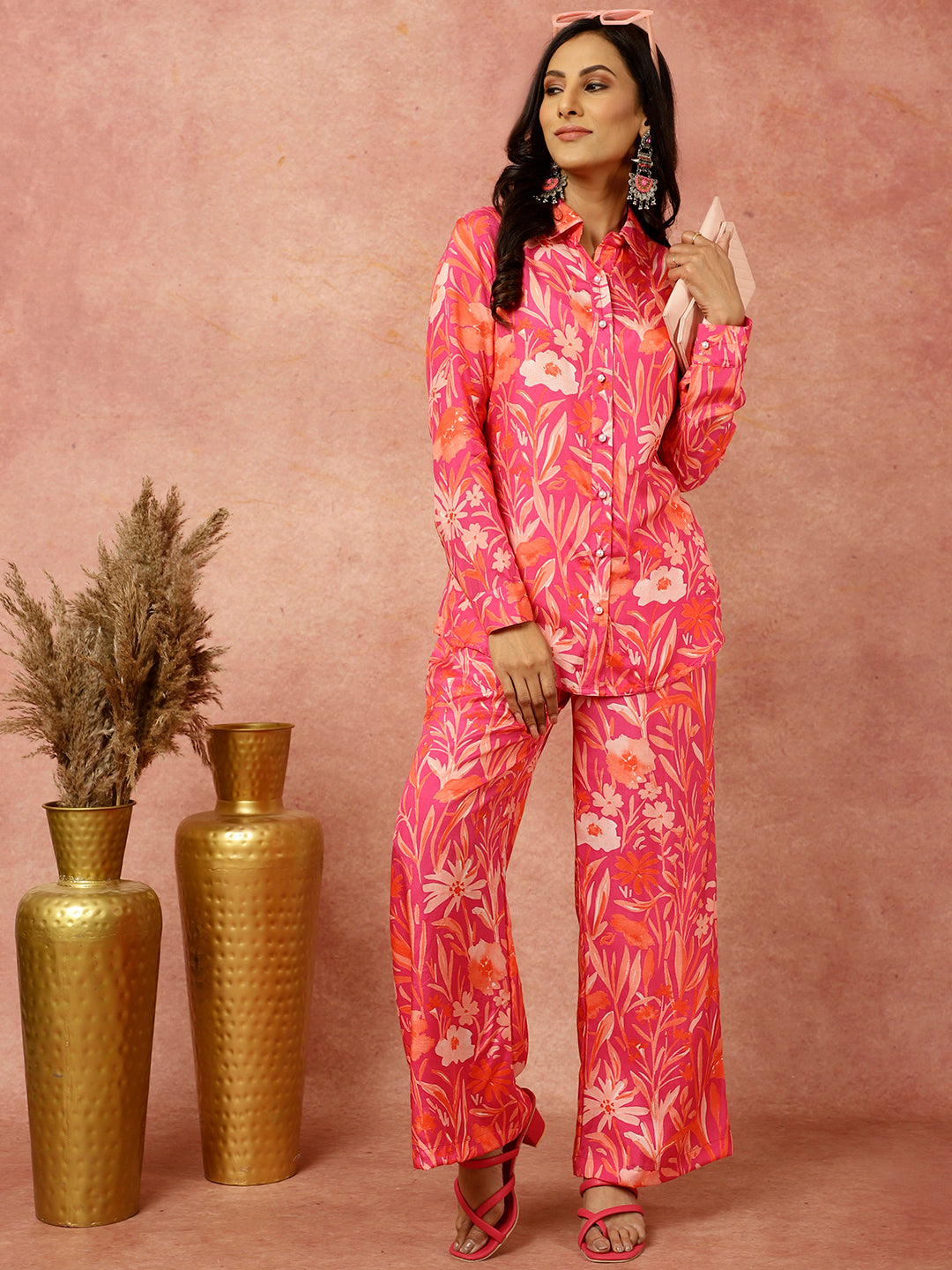 Pink Tropical Floral Printed Shirt With Pants Co-ord Set