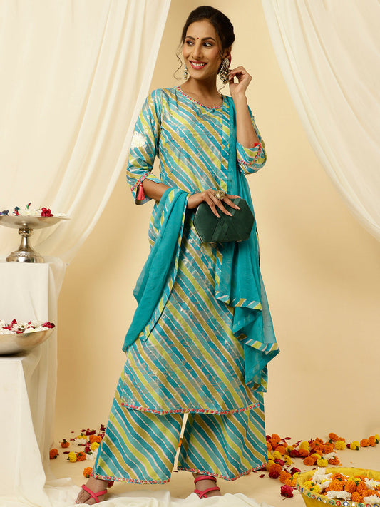 Turquoise Blue Leheriya Straight Kurta With Palazzo And Dupatta