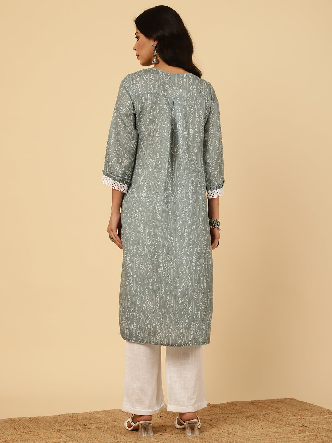 Printed Grey Pleated Straight Kurta