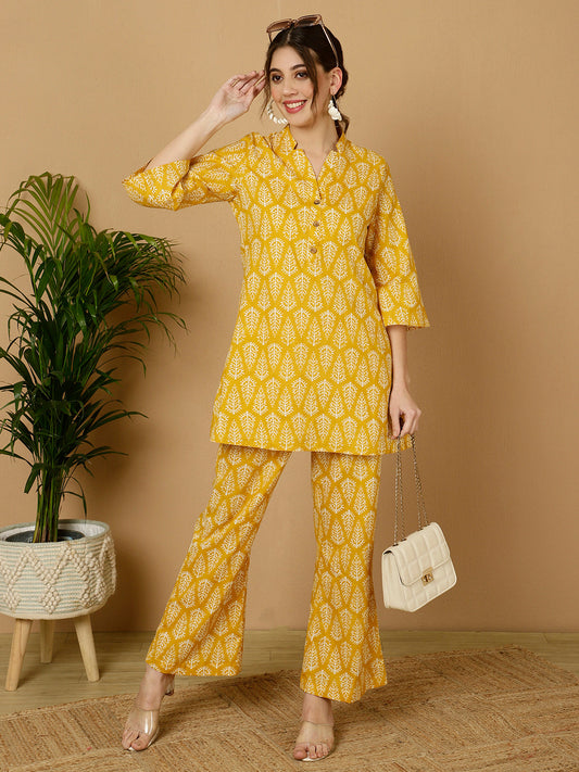 Yellow Ethnic Printed Kurta With Palazzo Loungewear