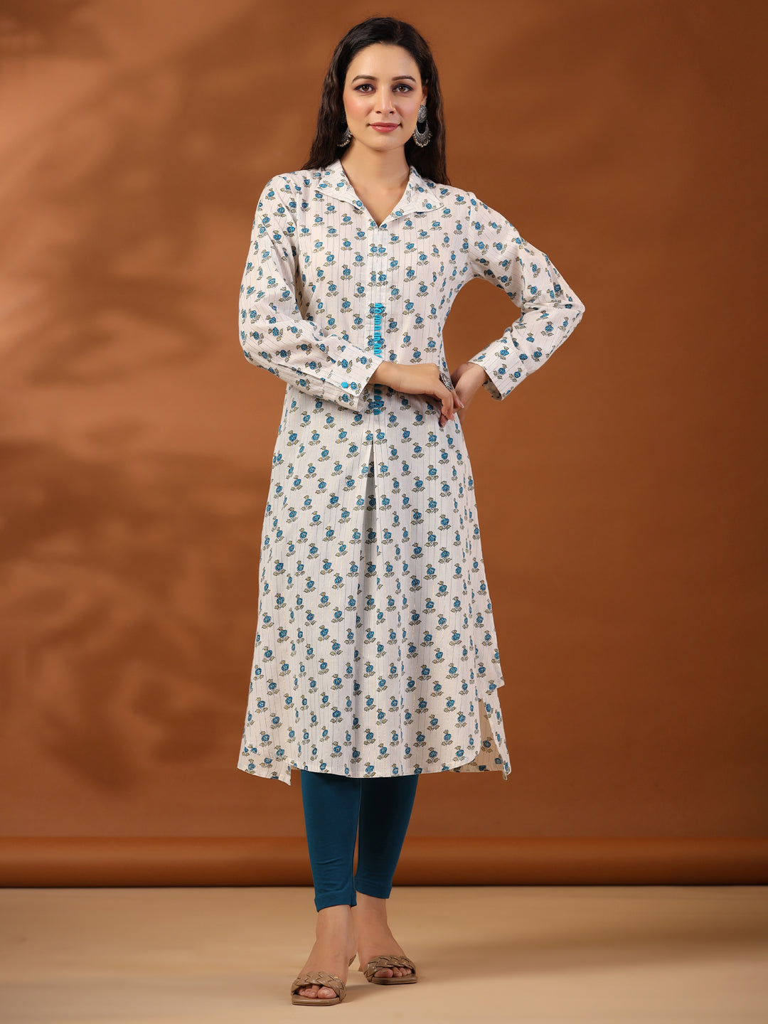 Turquoise Blue Ethnic Printed Cotton Lurex Kurta