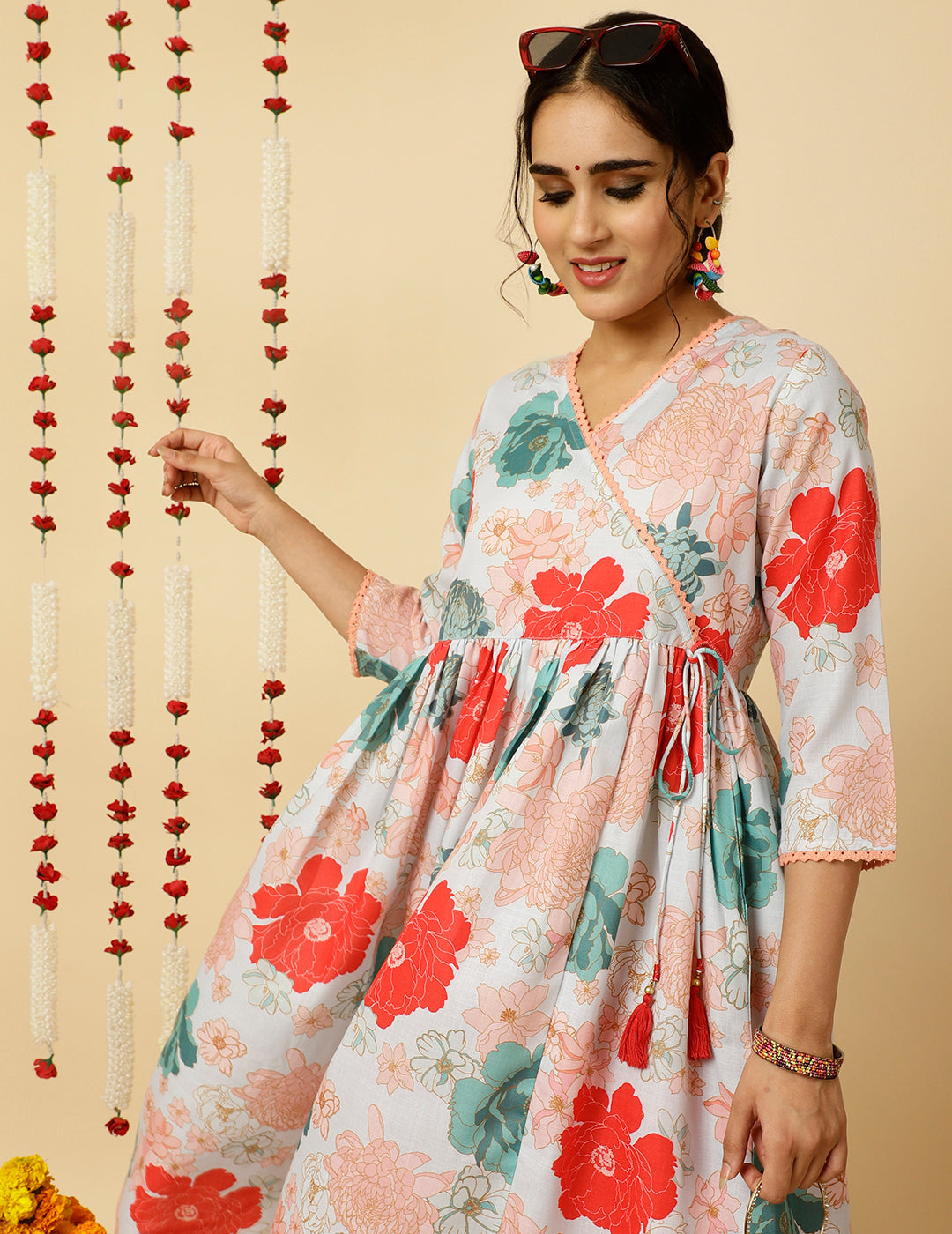 Light Blue Floral Printed Gathered Angrakha Kurta