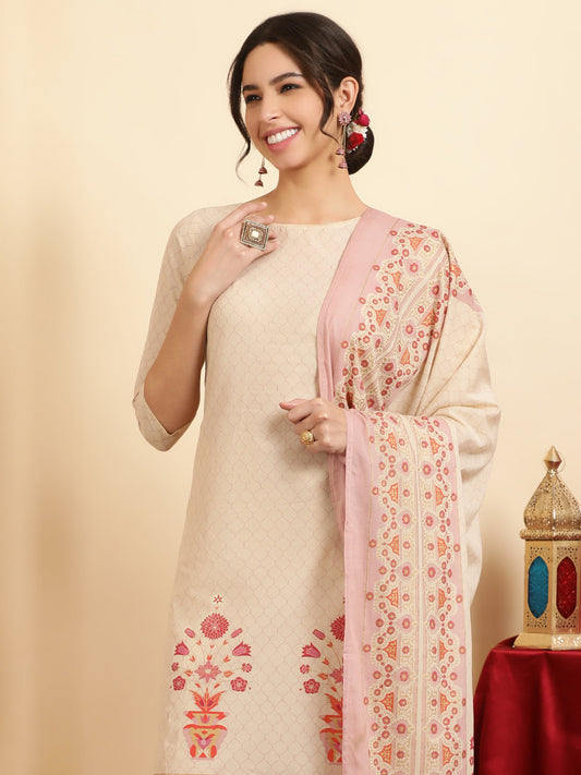 Mauve Ethnic Motif Guldasta Cotton Straight Kurta With Pants And Dupatta