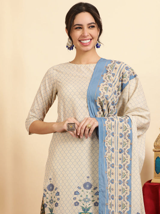 Blue Ethnic Motif Guldasta Cotton Straight Kurta With Pants And Dupatta