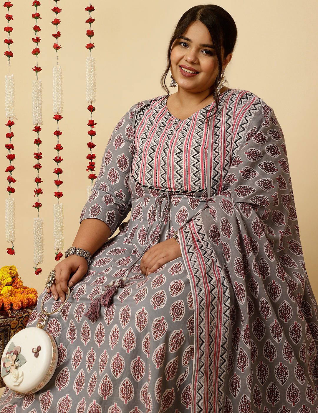 Plus Size Grey Ethnic Printed Flared Kurta With Zig-Zag Printed Pants And Dupatta