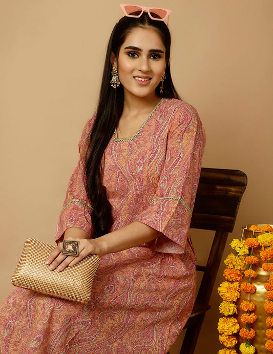 Peach Paisley Print Pakistani Kurta