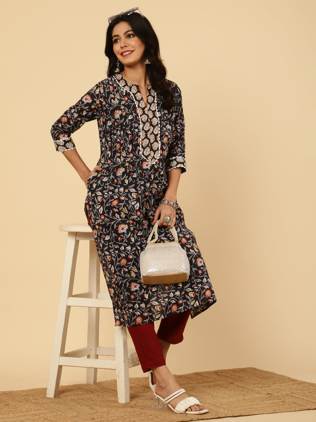 Floral Printed Black Pin Tuck Kurta