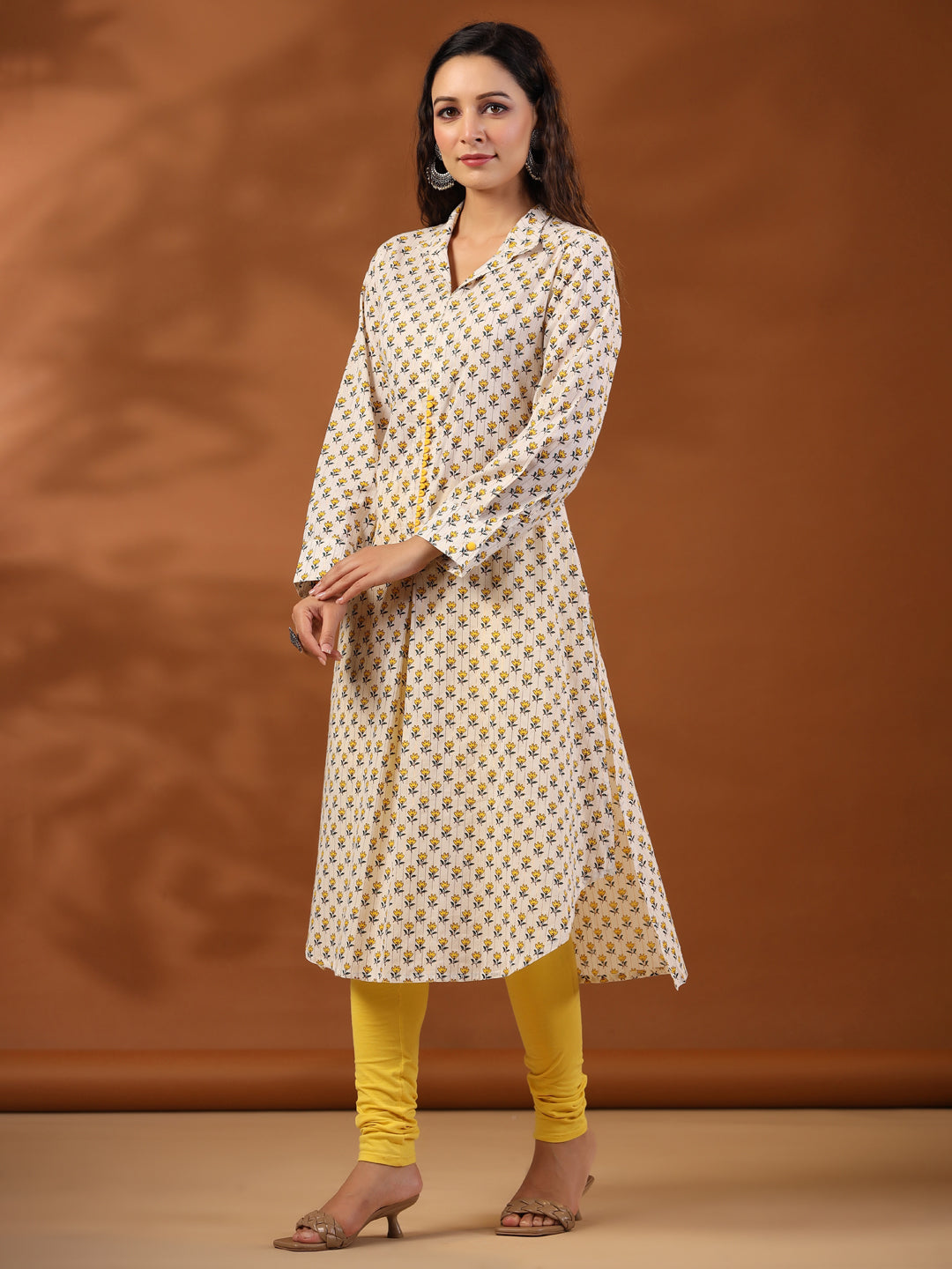 Yellow Ethnic Printed Cotton Lurex Kurta