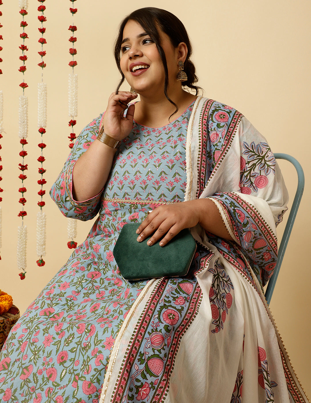 Plus Size Blue Ethnic Print Anarkali Kurta With Pants And Dupatta