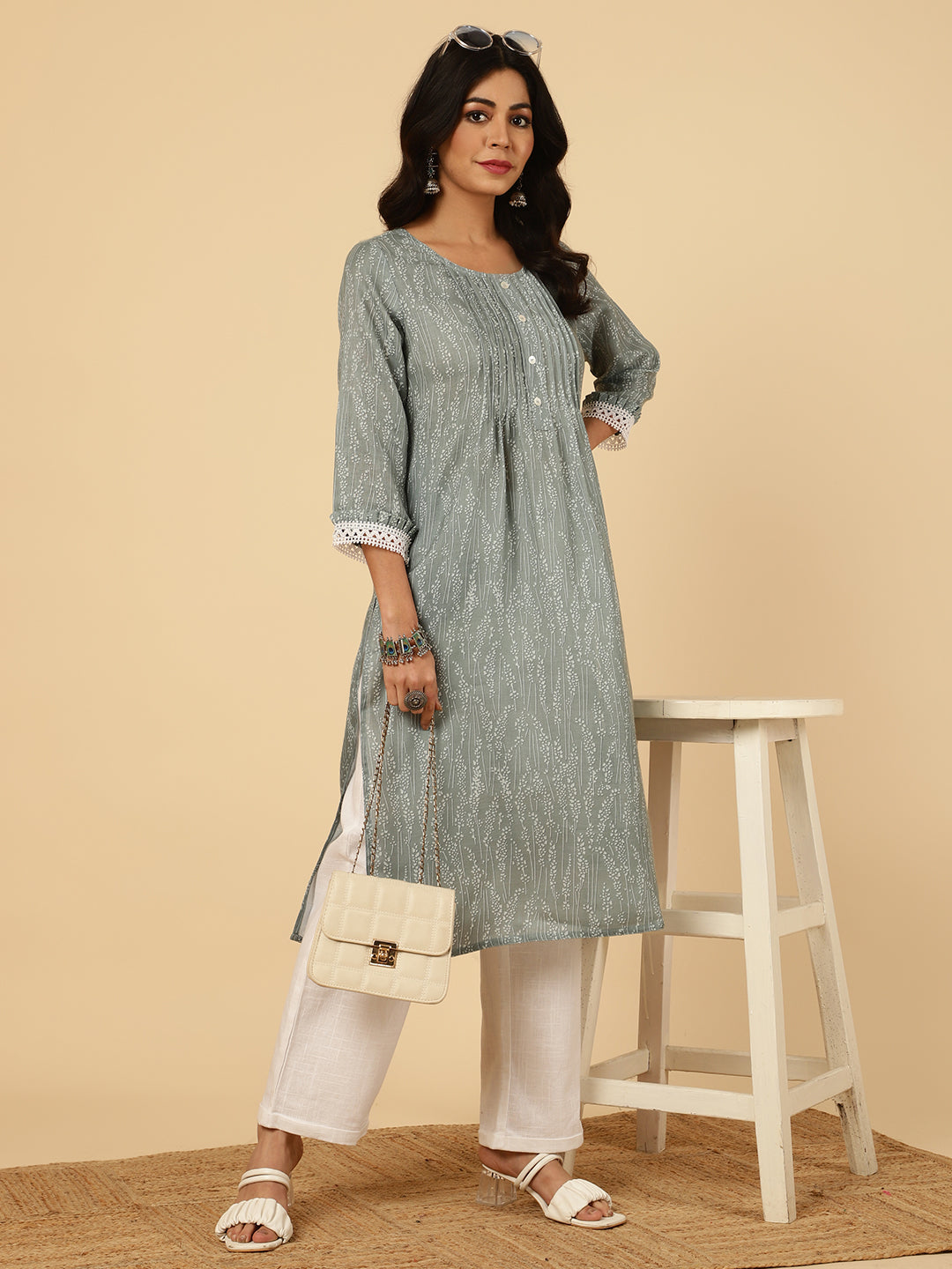 Printed Grey Pleated Straight Kurta