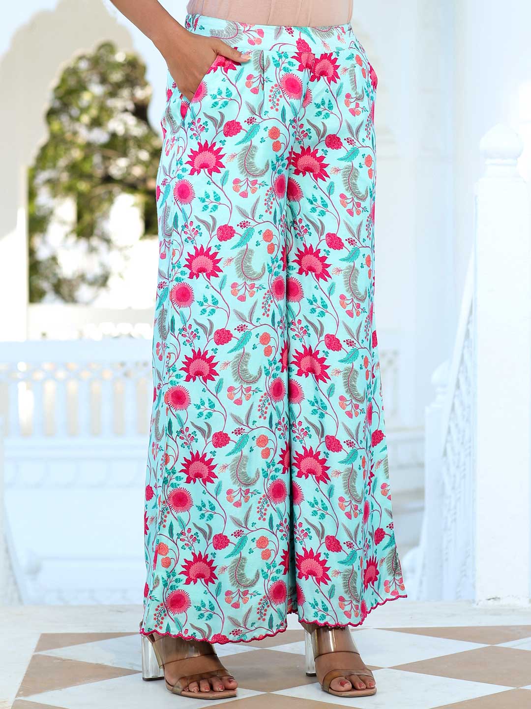 Zardozi Embroidered Silk Floral Printed Flared Kurta With Palazzo