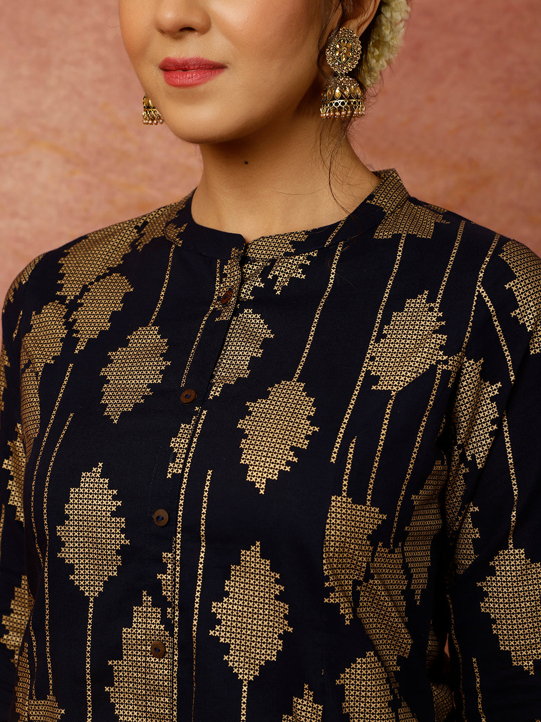 Navy Blue Abstract Print A-line Kurta