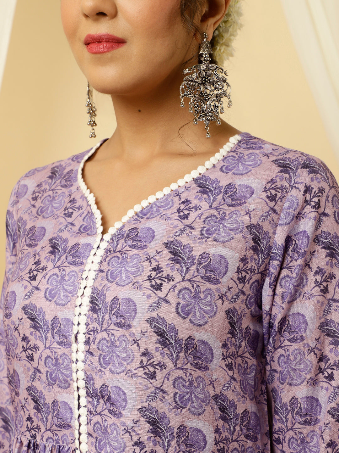 Lavender Floral Print Flared Kurta With Sharara