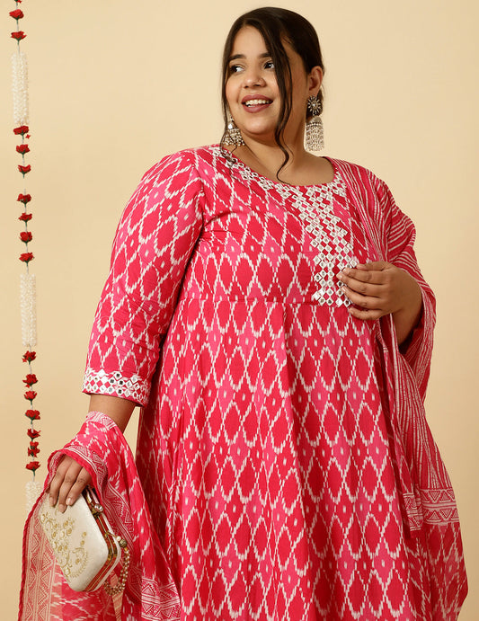 Plus Size Pink Mirror Embellished Ikat Printed Anarkali Kurta With Pants And Dupatta