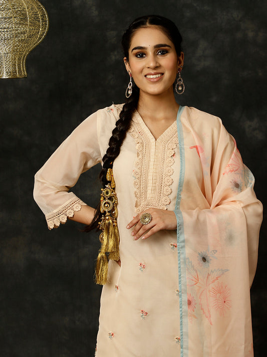 Cream Aari Work Art Silk Kurta With Pants And Dupatta