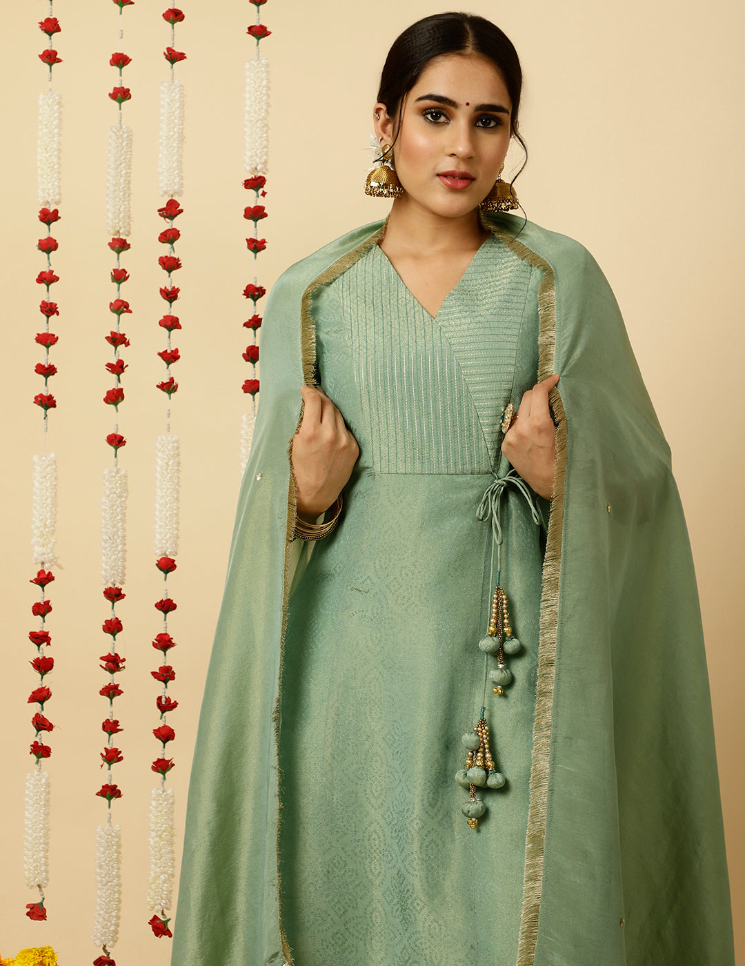 Sea Green A-line Silk Kantha Work Kurta With Pants And Dupatta