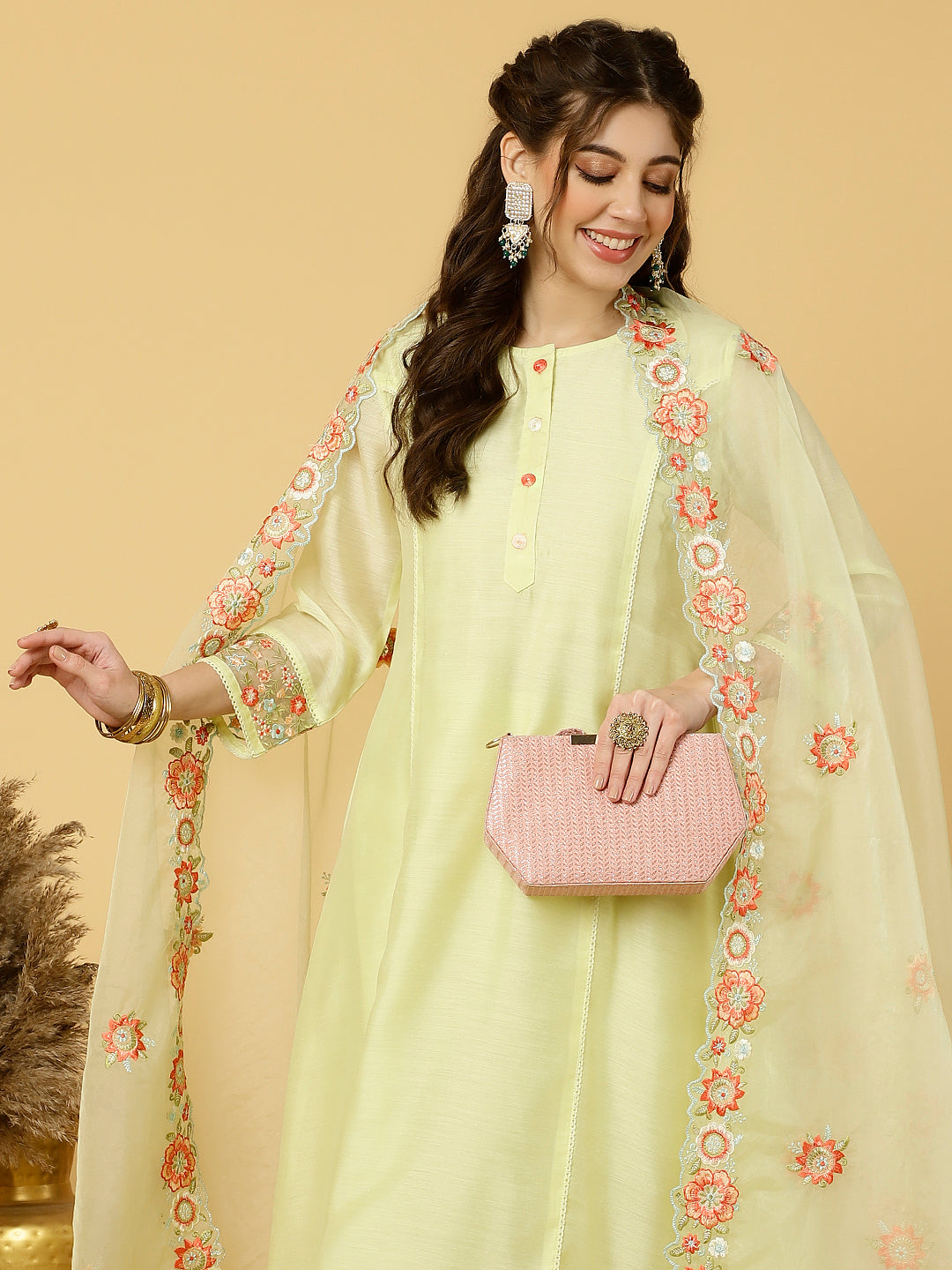 Lime Green Embroidered Art Silk Chanderi A-line Kurta With Pants And Dupatta