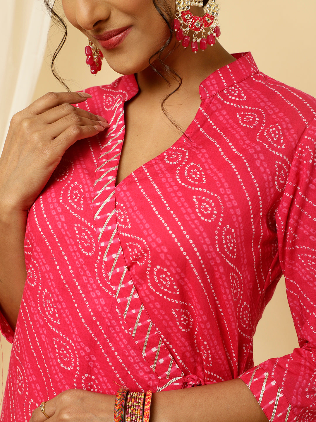 Fuchsia Pink Bandhani Angrakha Kurta With Leheriya Pants And Dupatta