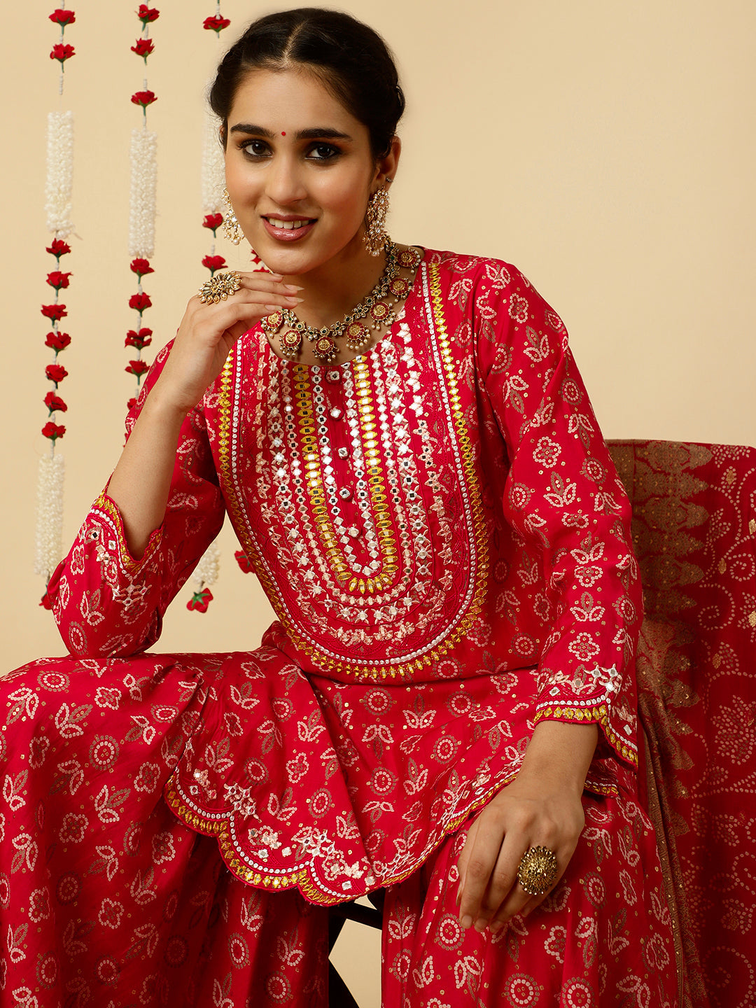 Pink Bandhani Mirror Work Kurta With Sharara And Dupatta