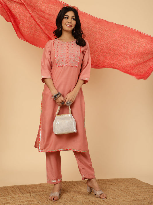 Peach Embroidered Straight Kurta With Pants And Dupatta