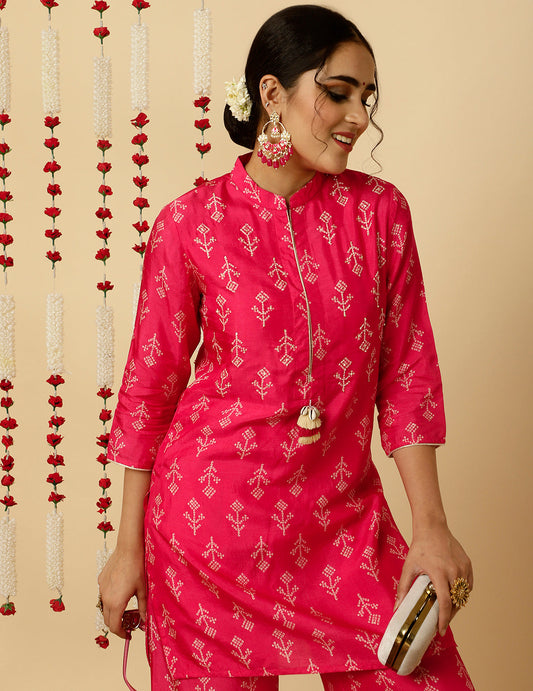 Bandhani Printed Dola Silk Pink Co-ord Set