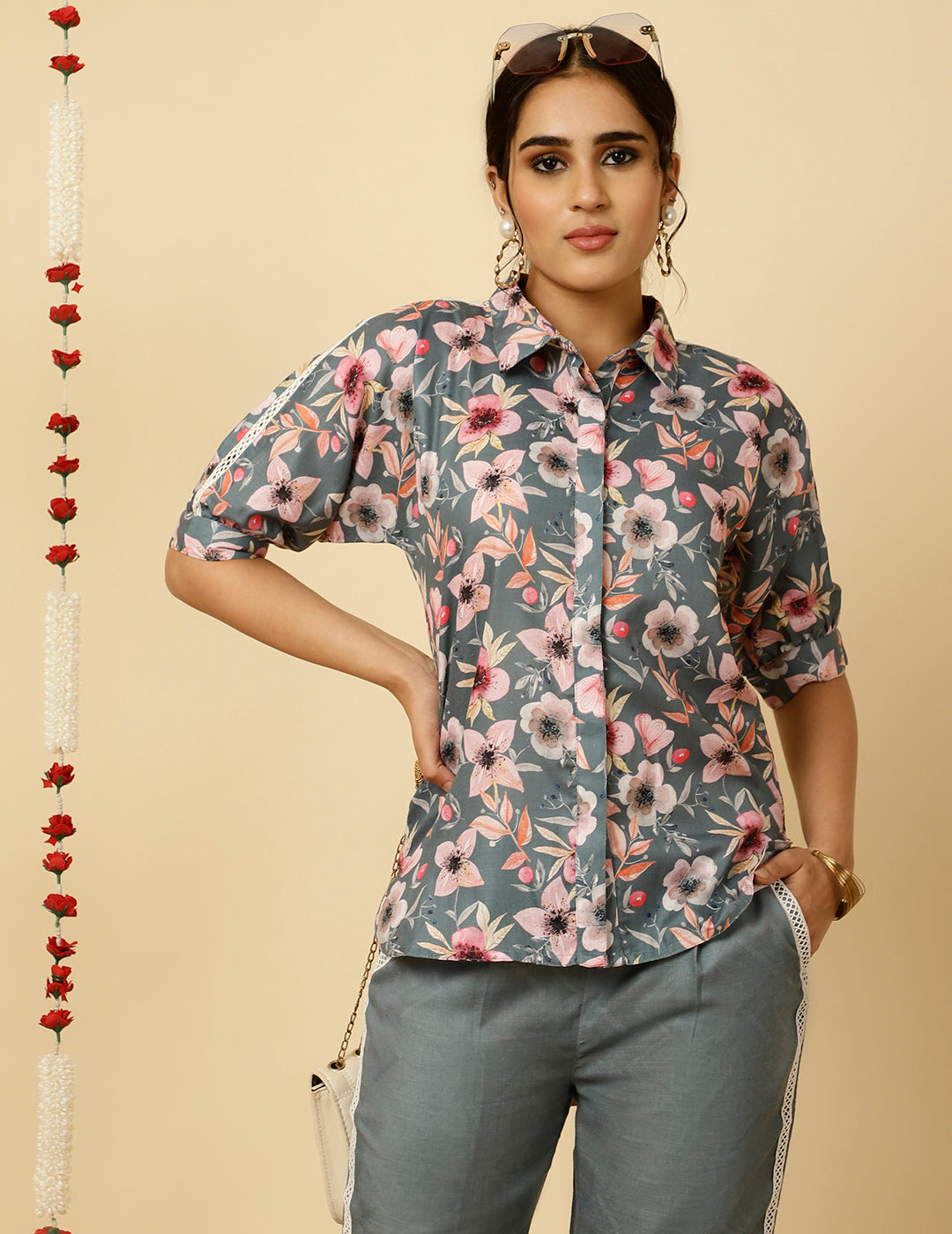 Grey Floral Print Shirt With Pants Co-ord Sets