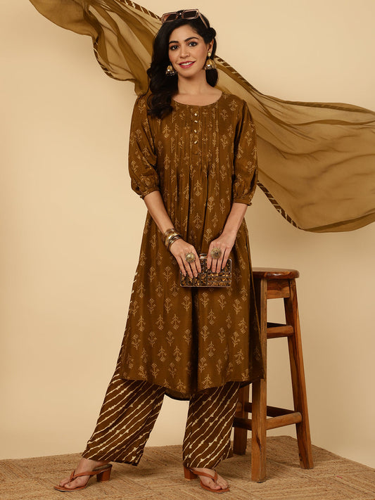 Brown Dola Silk Pleated Bandhani Kurta With Palazzo And Dupatta