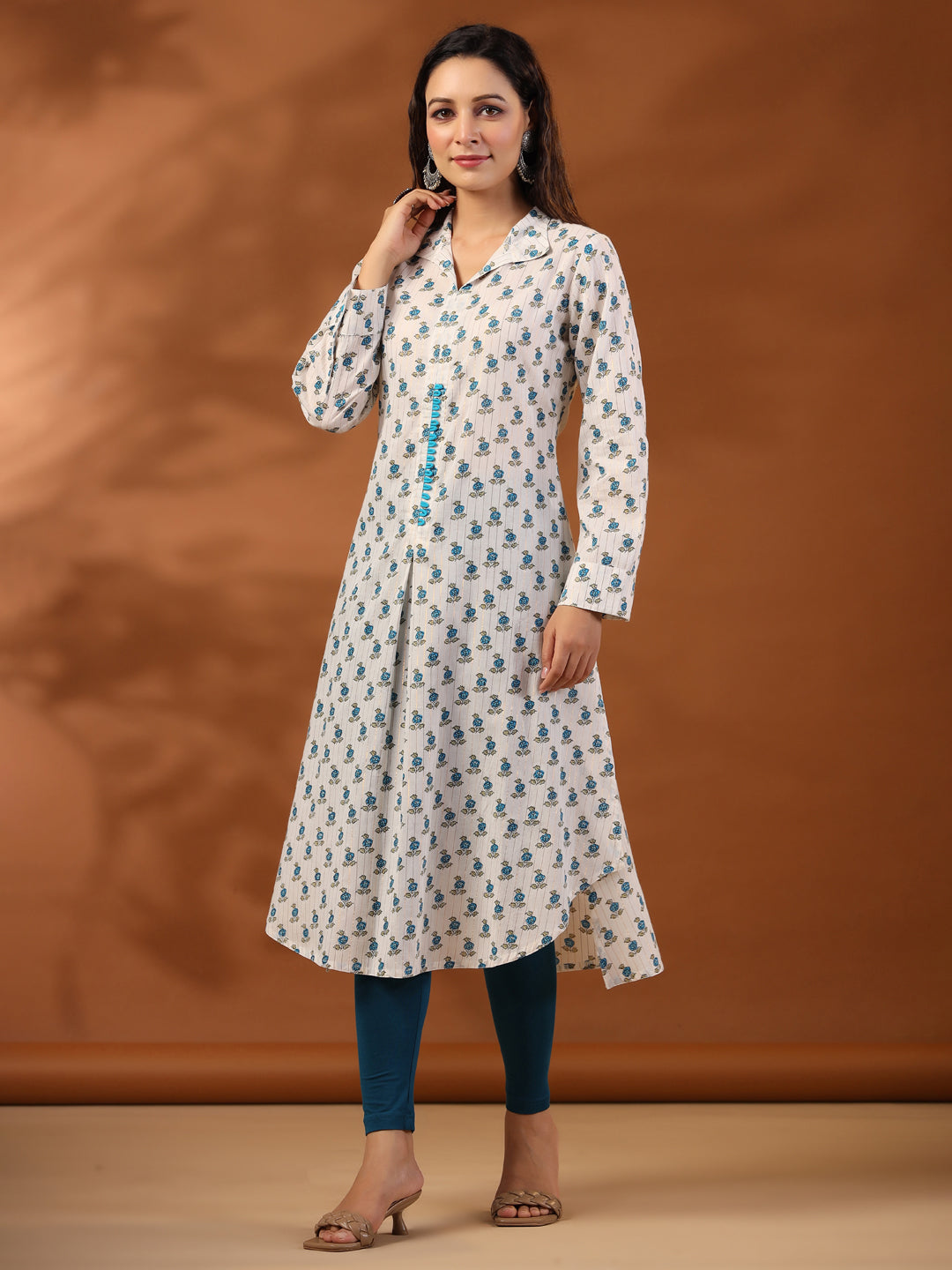 Turquoise Blue Ethnic Printed Cotton Lurex Kurta