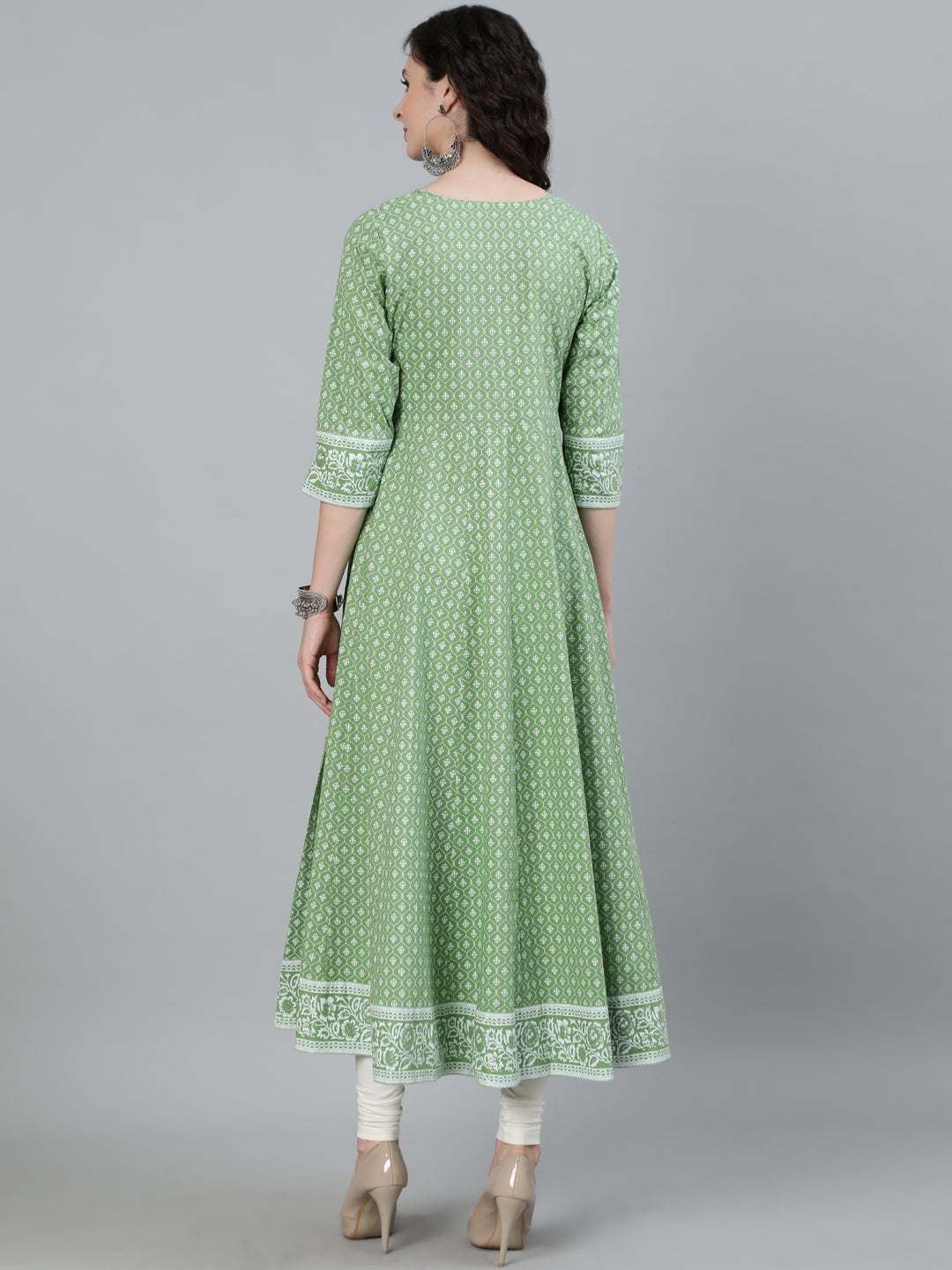 Green Printed Anarkali with Embroidered Yoke