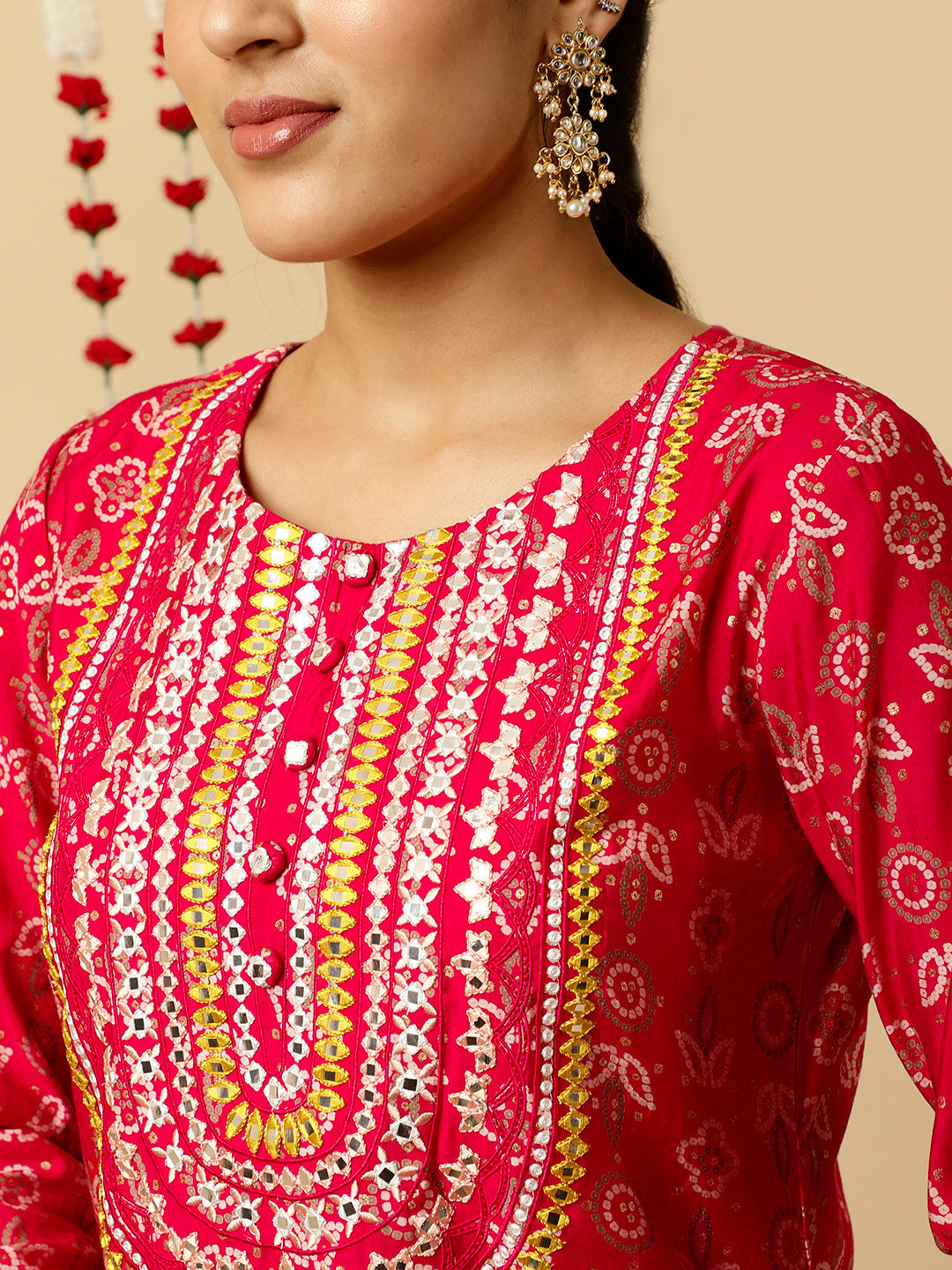 Pink Bandhani Mirror Work Kurta With Sharara And Dupatta