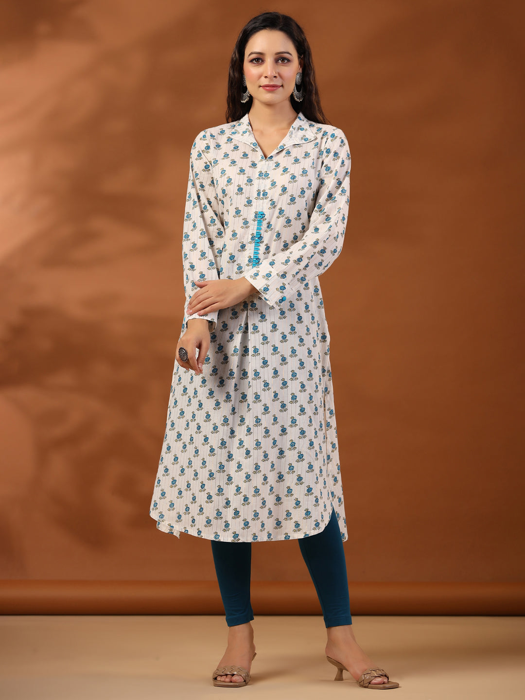 Turquoise Blue Ethnic Printed Cotton Lurex Kurta