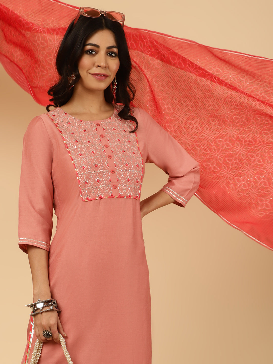 Peach Embroidered Straight Kurta With Pants And Dupatta