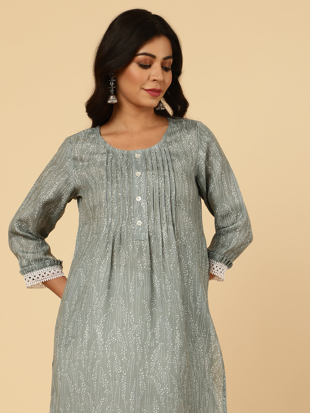 Printed Grey Pleated Straight Kurta