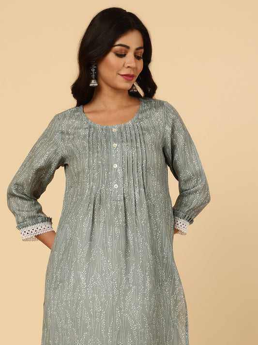 Printed Grey Pleated Straight Kurta