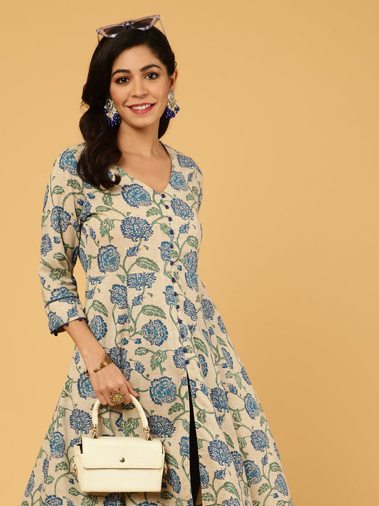 Blue Floral Print Cotton Anarkali Kurta