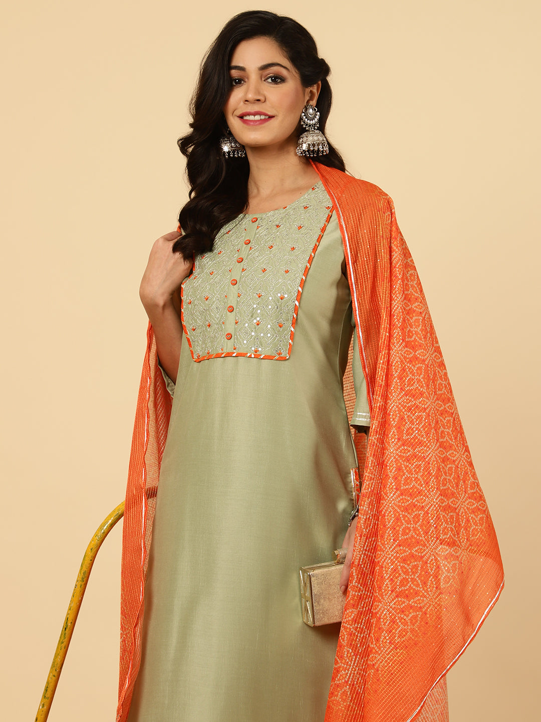 Green Embroidered Straight Kurta With Pants And Dupatta