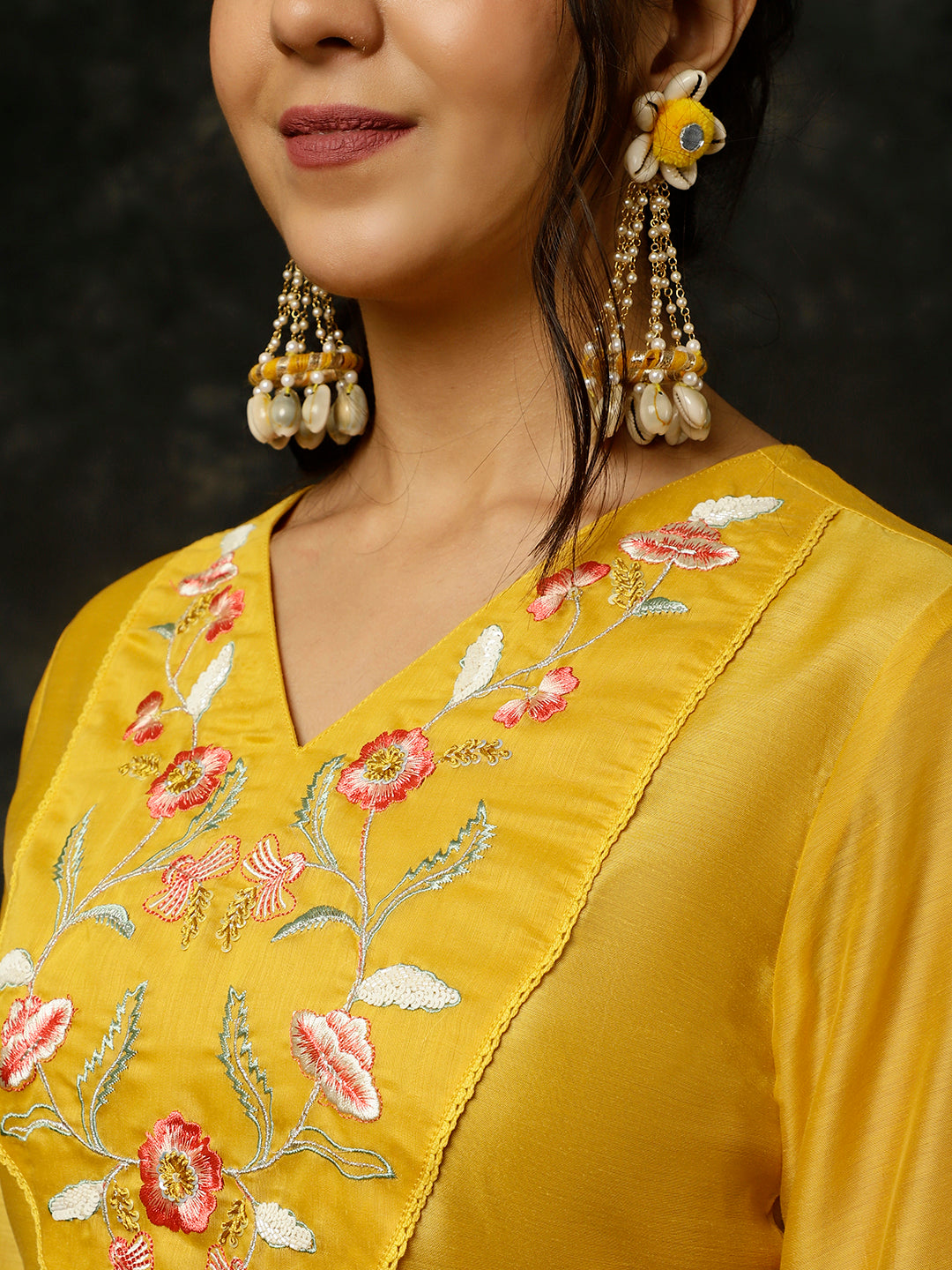 Mustard Aari Work Straight Kurta With Pants And Dupatta