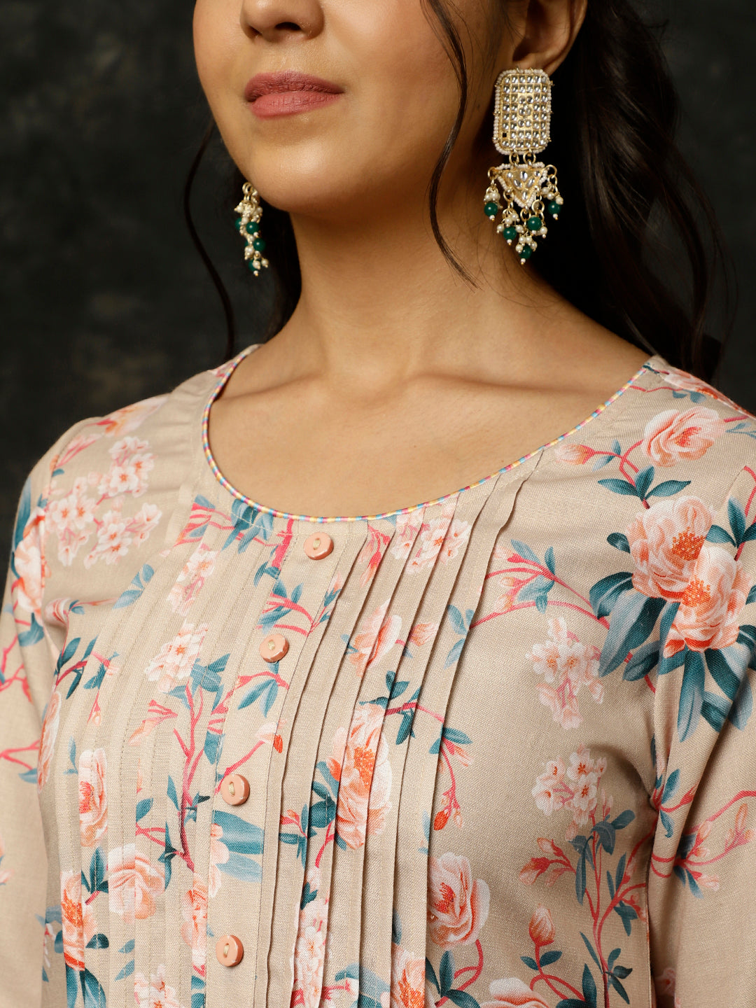 Embroidered Beige Rose Print Pleated Kurta With Pants And Dupatta