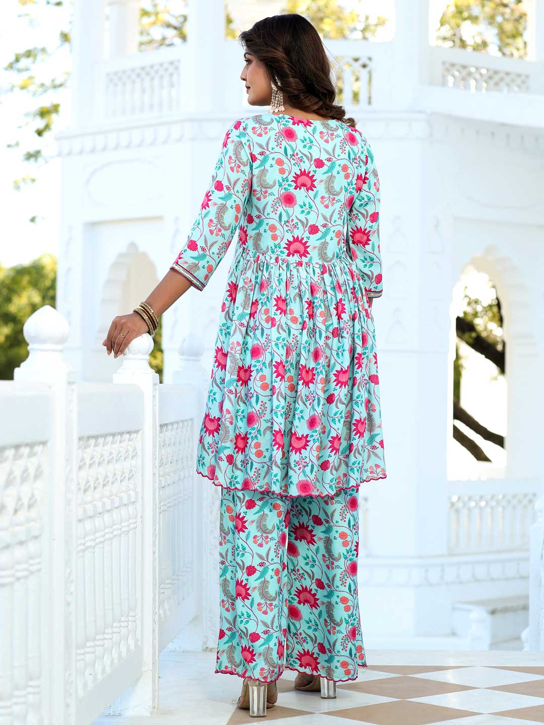 Zardozi Embroidered Silk Floral Printed Flared Kurta With Palazzo